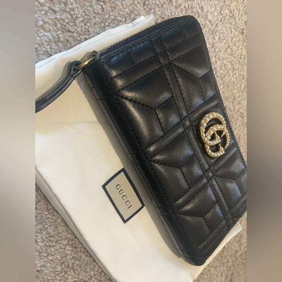 Gucci GG Marmont Matlasse Chevon Pearl Apollo Zip Black Wallet - Picture 5 of 9